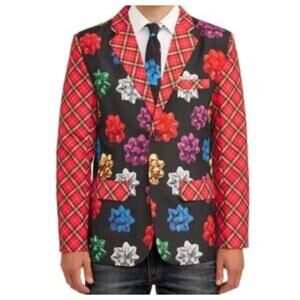 Ugly Christmas Sport Coat Jacket Blazer Bows Plaid Black Red Men's Small (34-36)